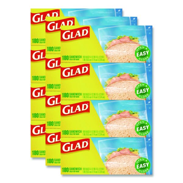 Glad Fold Top Food Storage Plastic Sandwich Bags,  180 Bags/Box, 12 Boxes/Carton