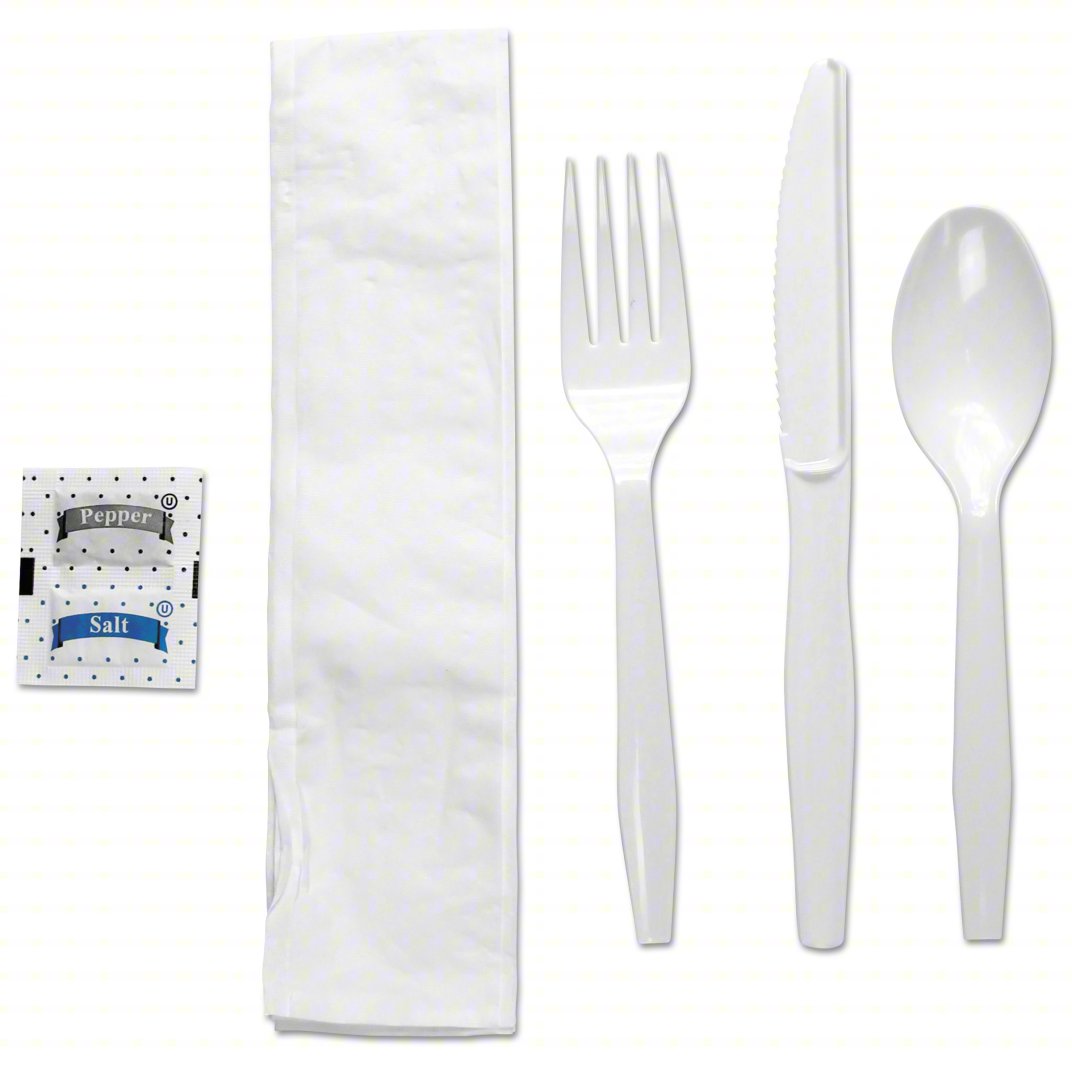 6 Piece White Medium Weight Cutlery Kit - Empress (250/case)
